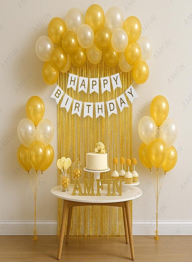AMFIN (Pack of 34) Backdrop Bliss Birthday Decoration DIY Kit with Balloons, Fringe Curtain and Banner - White & Gold - Image 1